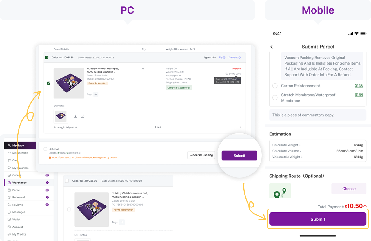 Submit Parcel con selezione, imballaggio, stima e scelta della linea. Prezzi e pesi mostrati appartengono all’esempio storico.