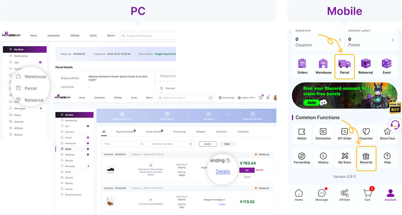 Pagina Parcel e accesso ai dettagli nella versione documentata; i riquadri promozionali non descrivono il tracking.