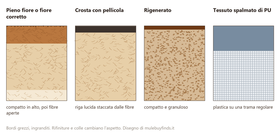 Quattro bordi in sezione: pieno fiore, crosta con pellicola, rigenerato, tessuto spalmato di PU