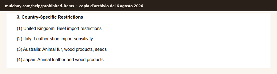 Elenco in inglese delle restrizioni per paese nella pagina di aiuto di Mulebuy: Regno Unito, Italia, Australia, Giappone